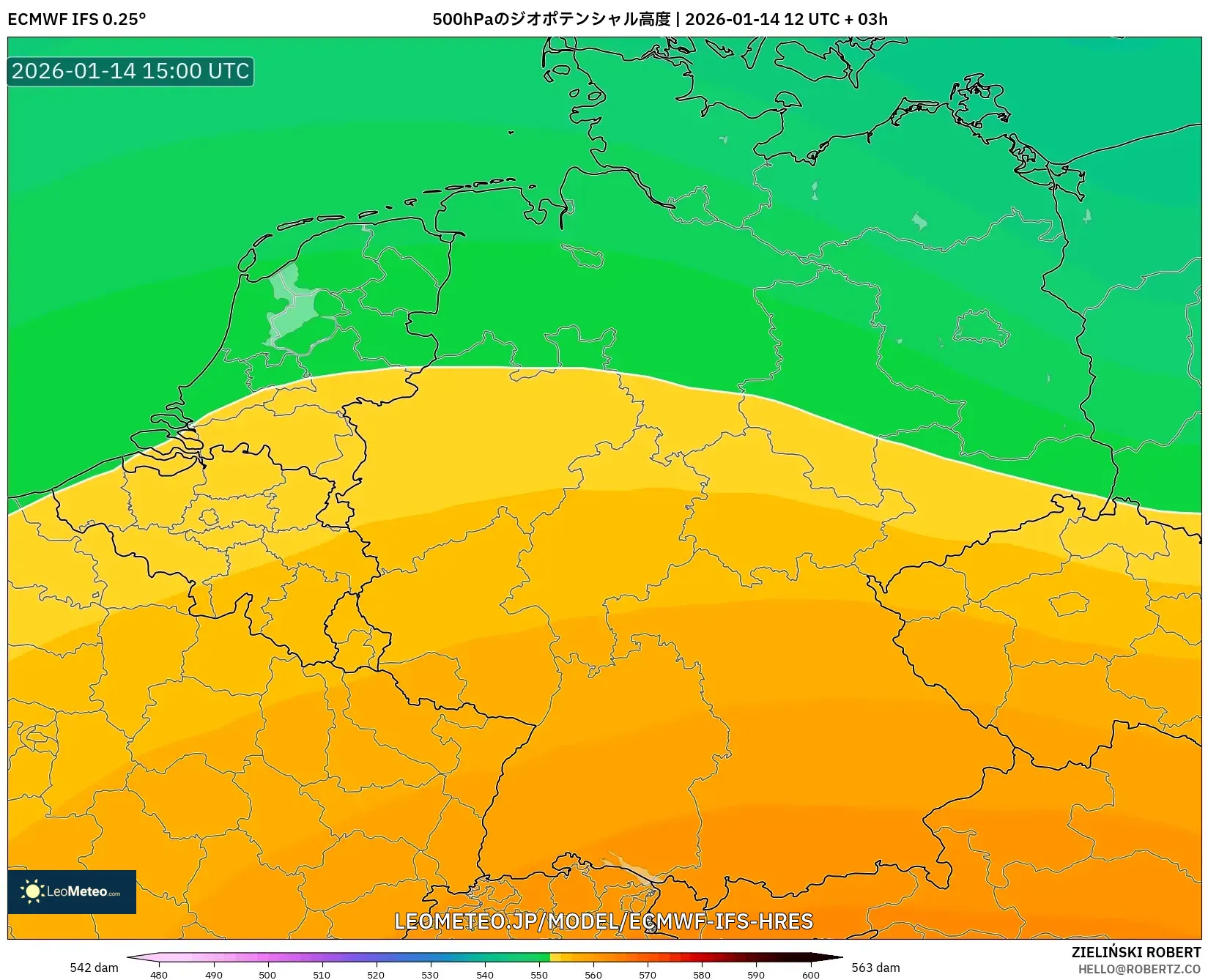 ECMWF IFS 0.25° model - ドイツ, 500hPaのジオポテンシャル高度