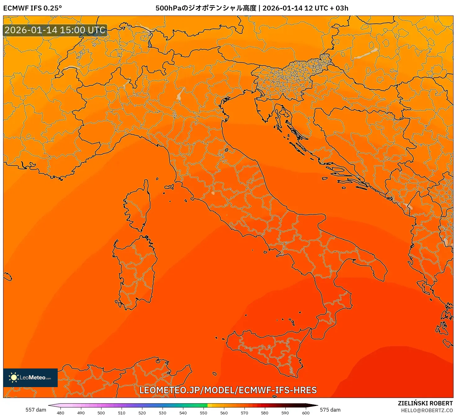 ECMWF IFS 0.25° model - イタリア, 500hPaのジオポテンシャル高度