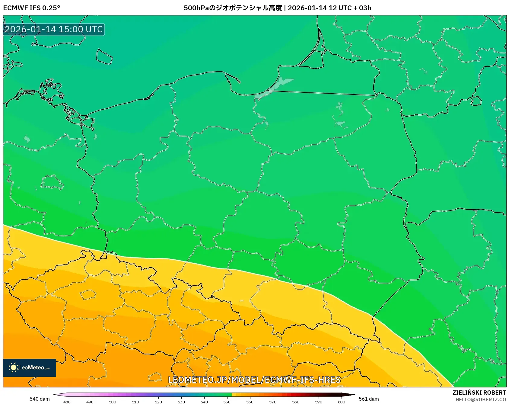 ECMWF IFS 0.25° model - ポーランド, 500hPaのジオポテンシャル高度