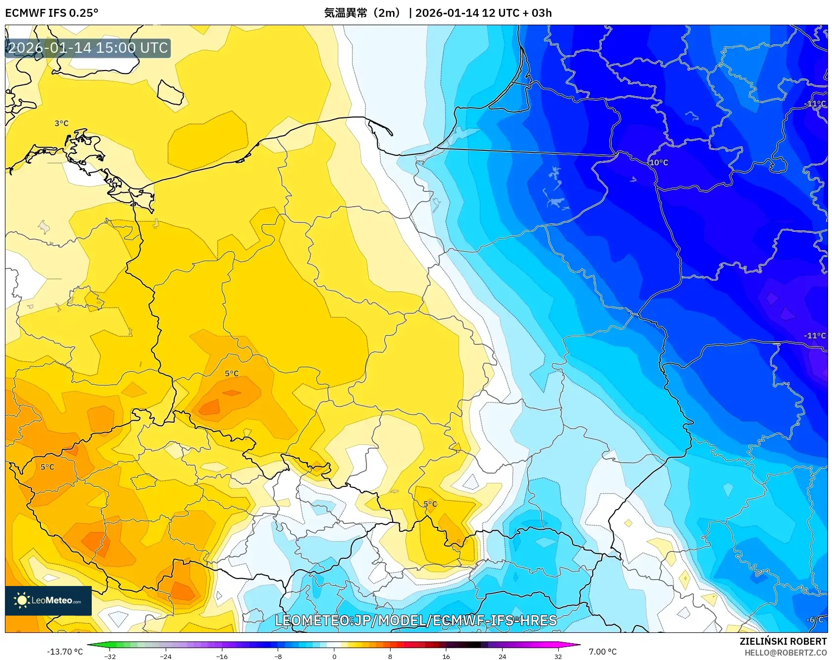 ECMWF IFS 0.25° model - ポーランド, 気温異常（2m）