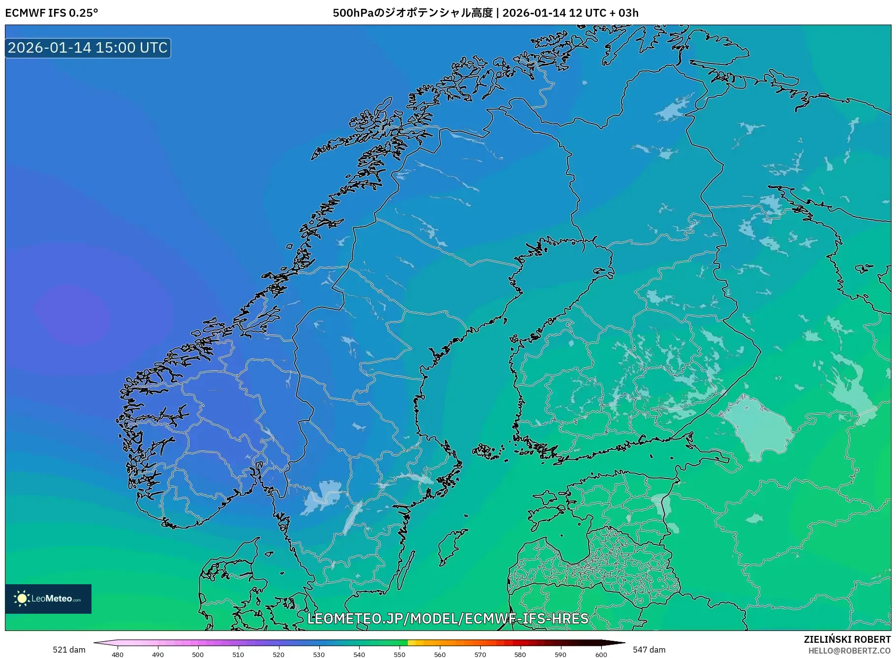 ECMWF IFS 0.25° model - スカンジナビア, 500hPaのジオポテンシャル高度