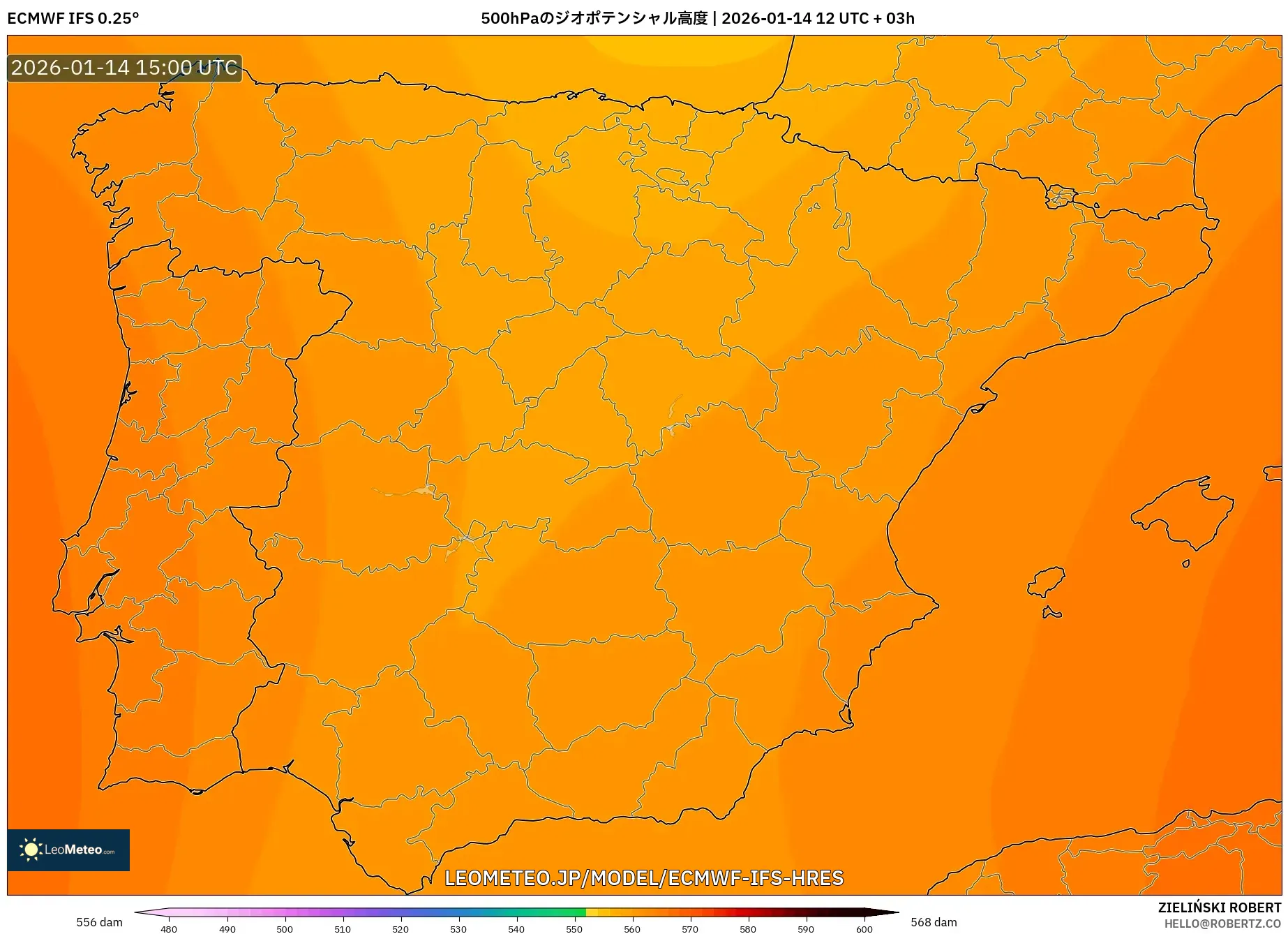 ECMWF IFS 0.25° model - スペイン, 500hPaのジオポテンシャル高度