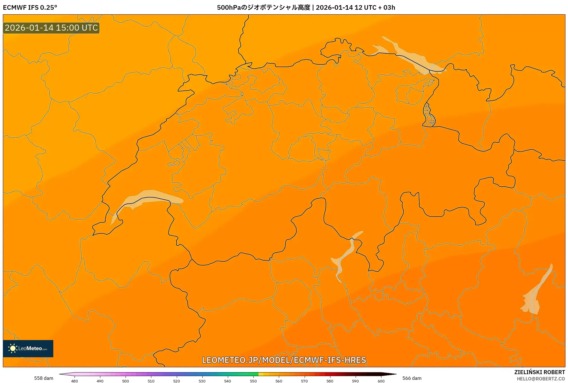 ECMWF IFS 0.25° model - スイス, 500hPaのジオポテンシャル高度