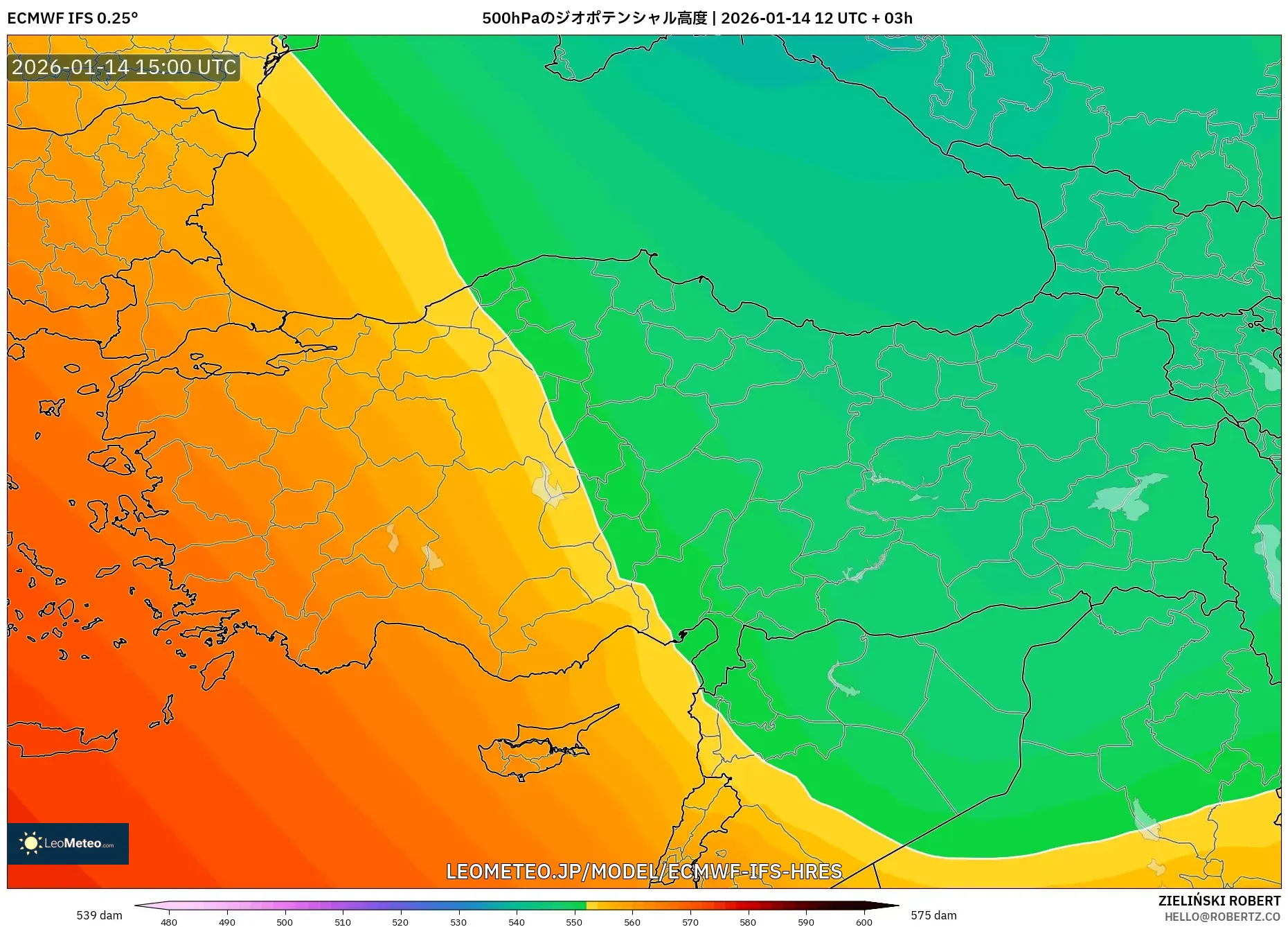 ECMWF IFS 0.25° model - トルコ, 500hPaのジオポテンシャル高度