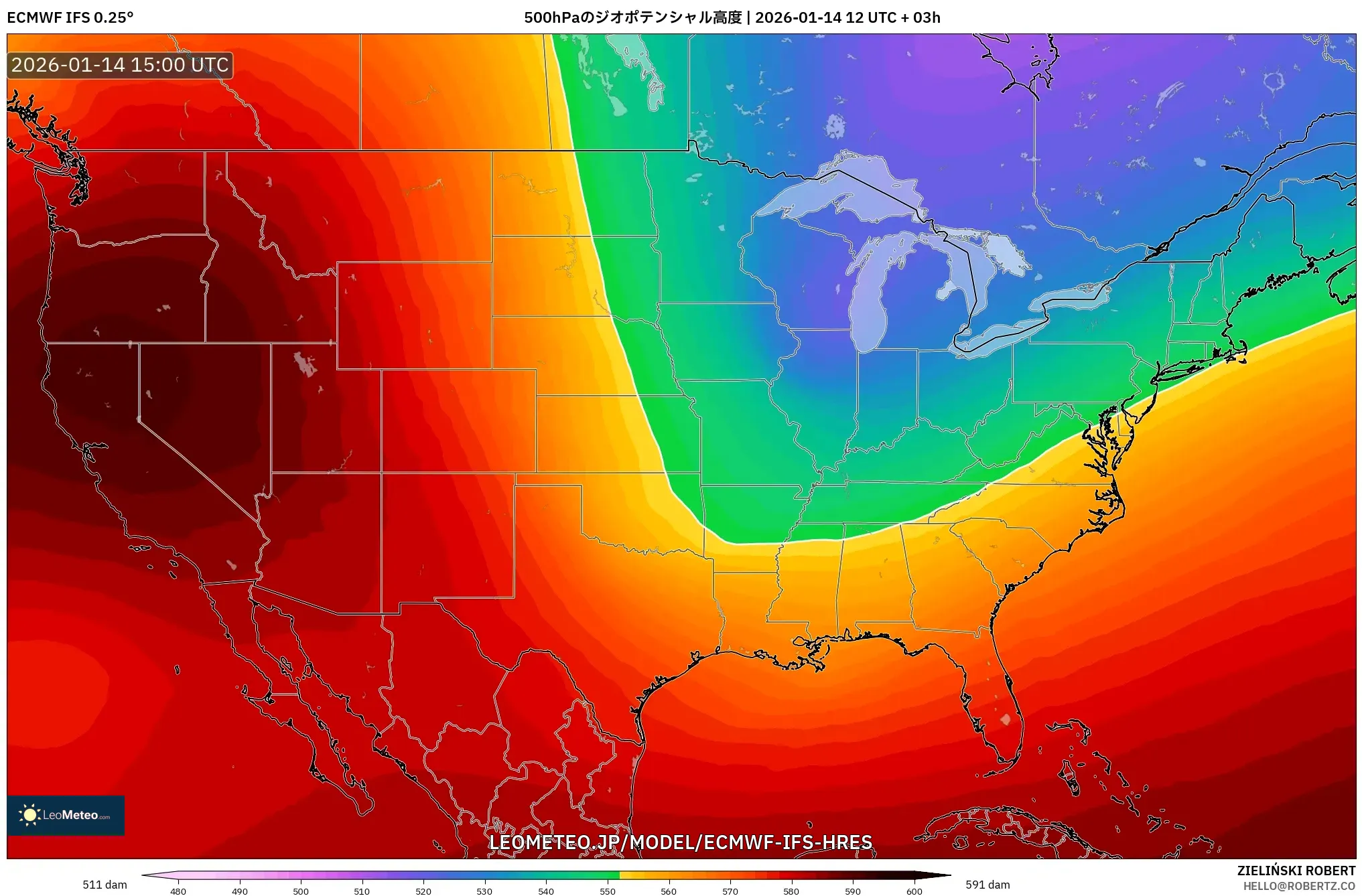 ECMWF IFS 0.25° model - アメリカ合衆国, 500hPaのジオポテンシャル高度