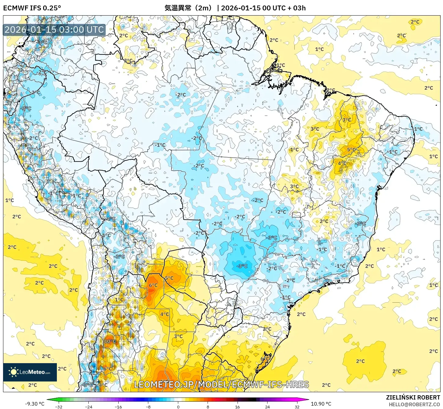 ECMWF IFS 0.25° model - ブラジル, 気温異常（2m）