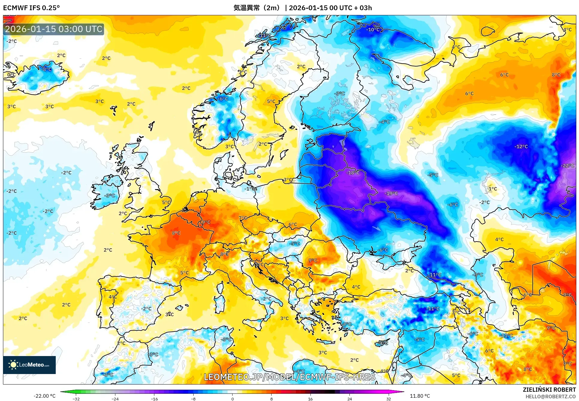 ECMWF IFS 0.25° model - ヨーロッパ, 気温異常（2m）
