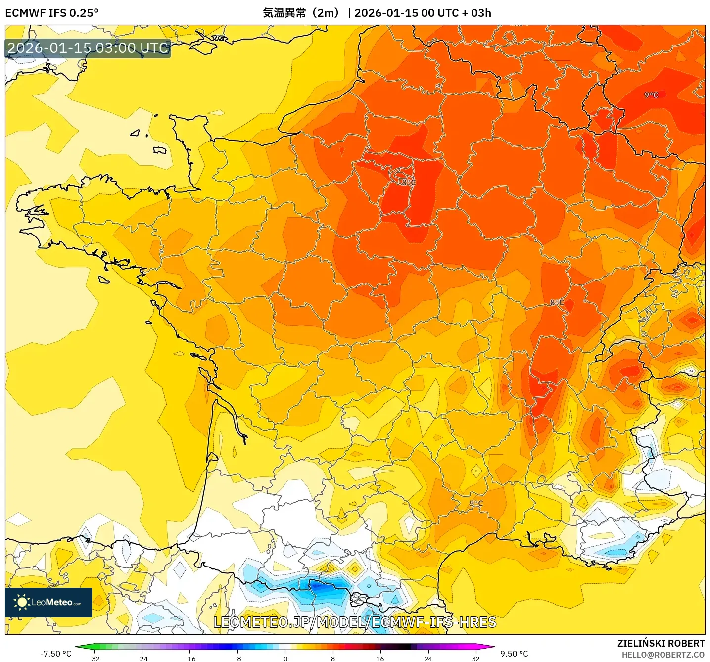 ECMWF IFS 0.25° model - フランス, 気温異常（2m）
