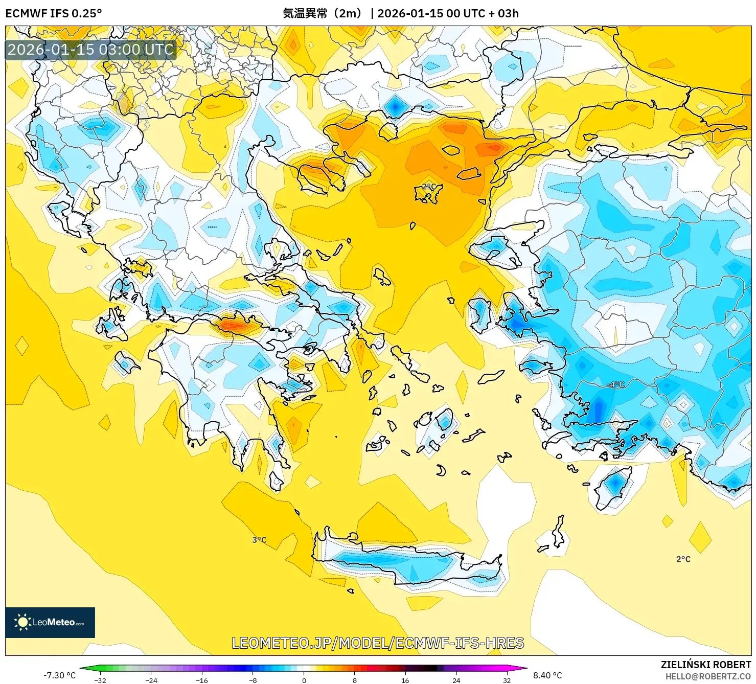 ECMWF IFS 0.25° model - ギリシャ, 気温異常（2m）