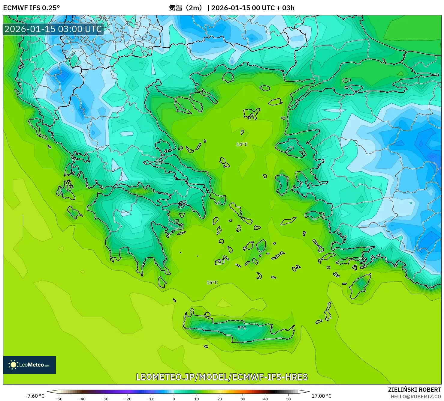 ECMWF IFS 0.25° model - ギリシャ, 気温（2m）