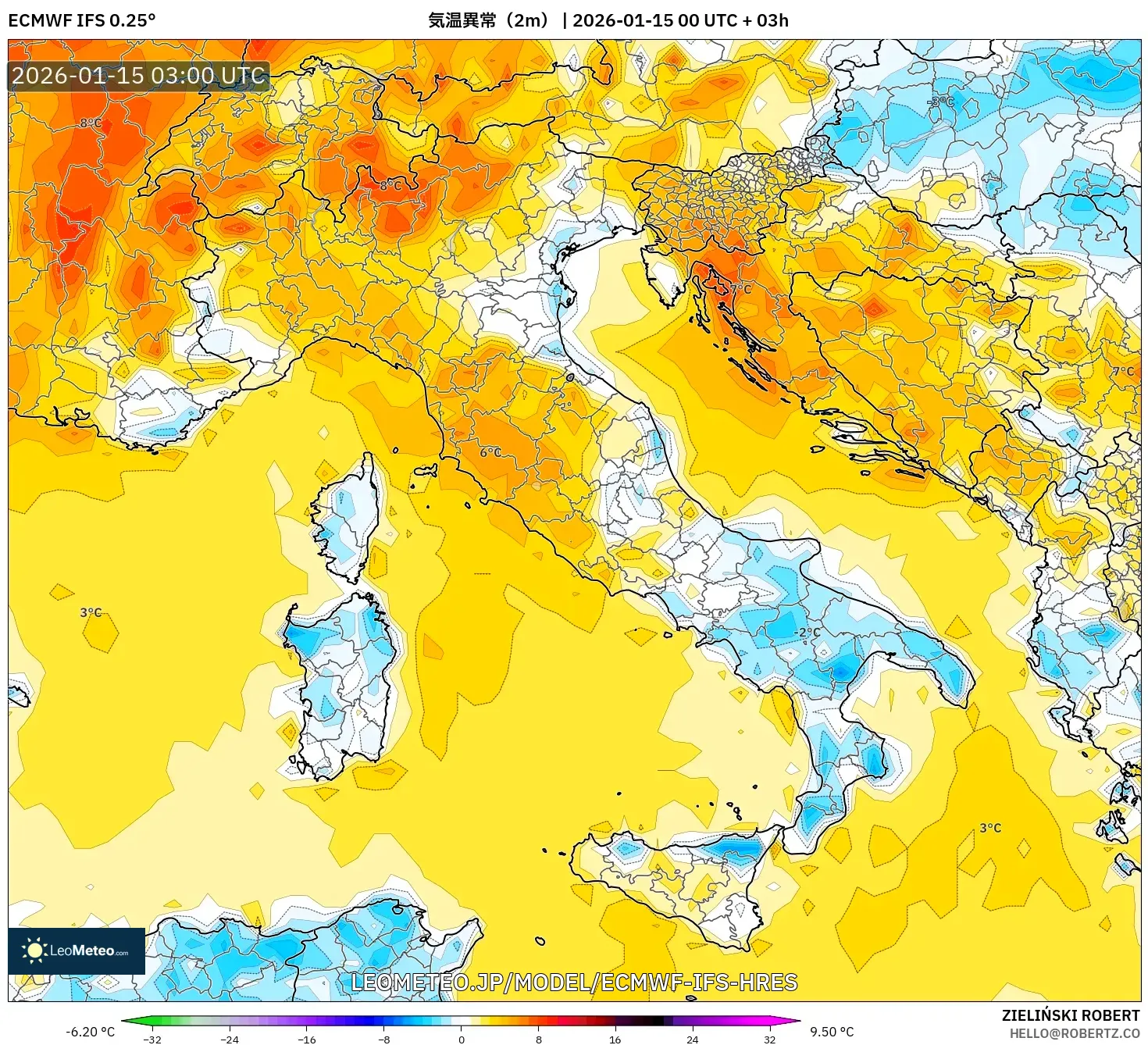 ECMWF IFS 0.25° model - イタリア, 気温異常（2m）