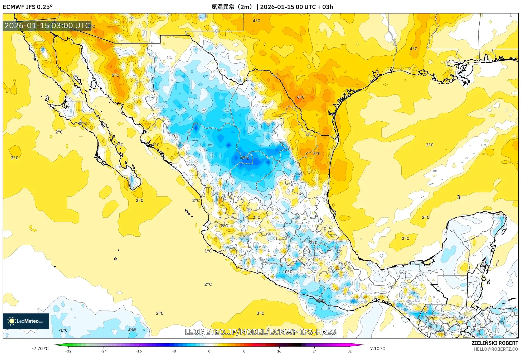 ECMWF IFS 0.25° model - メキシコ, 気温異常（2m）