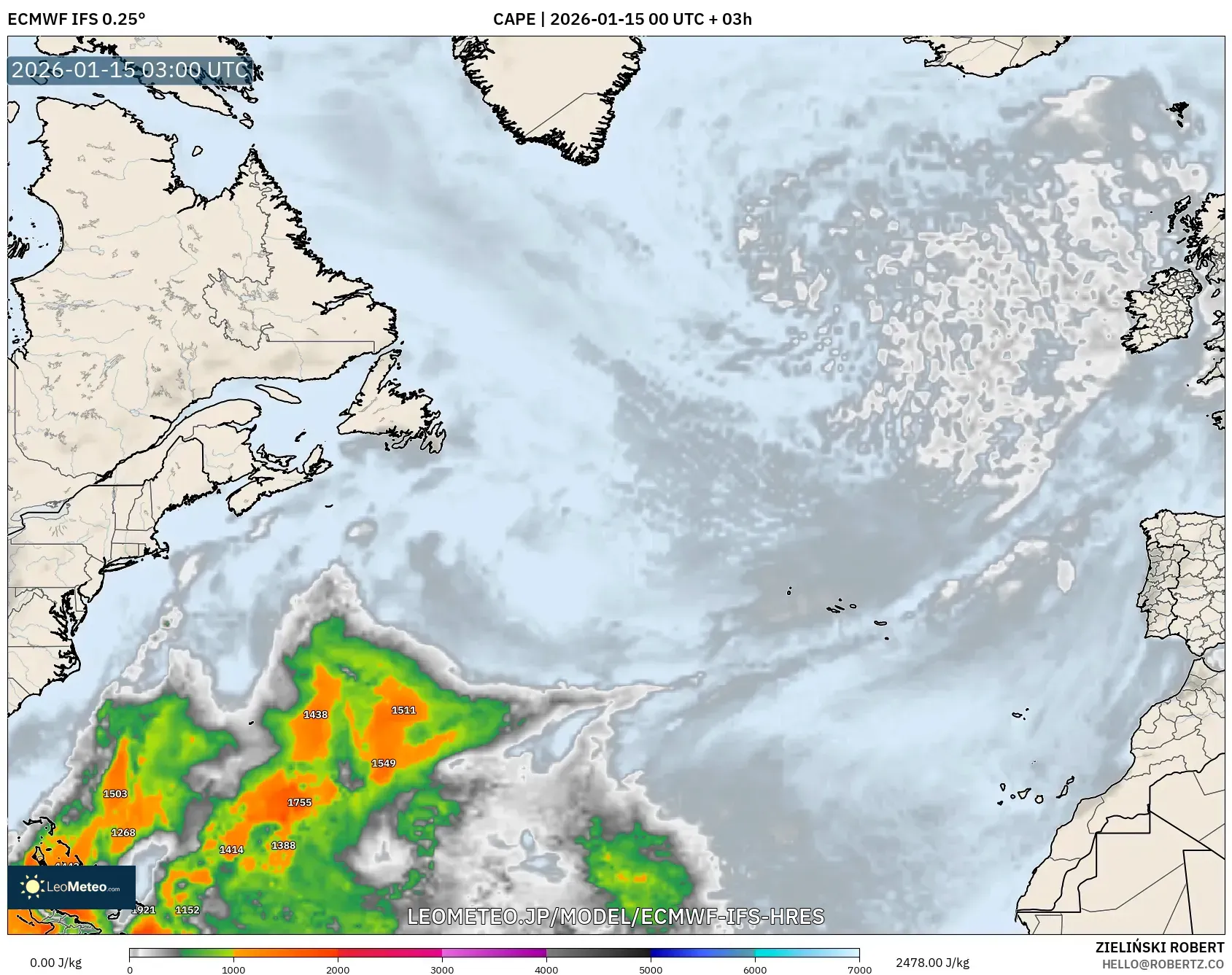ECMWF IFS 0.25° model - 北大西洋, CAPE
