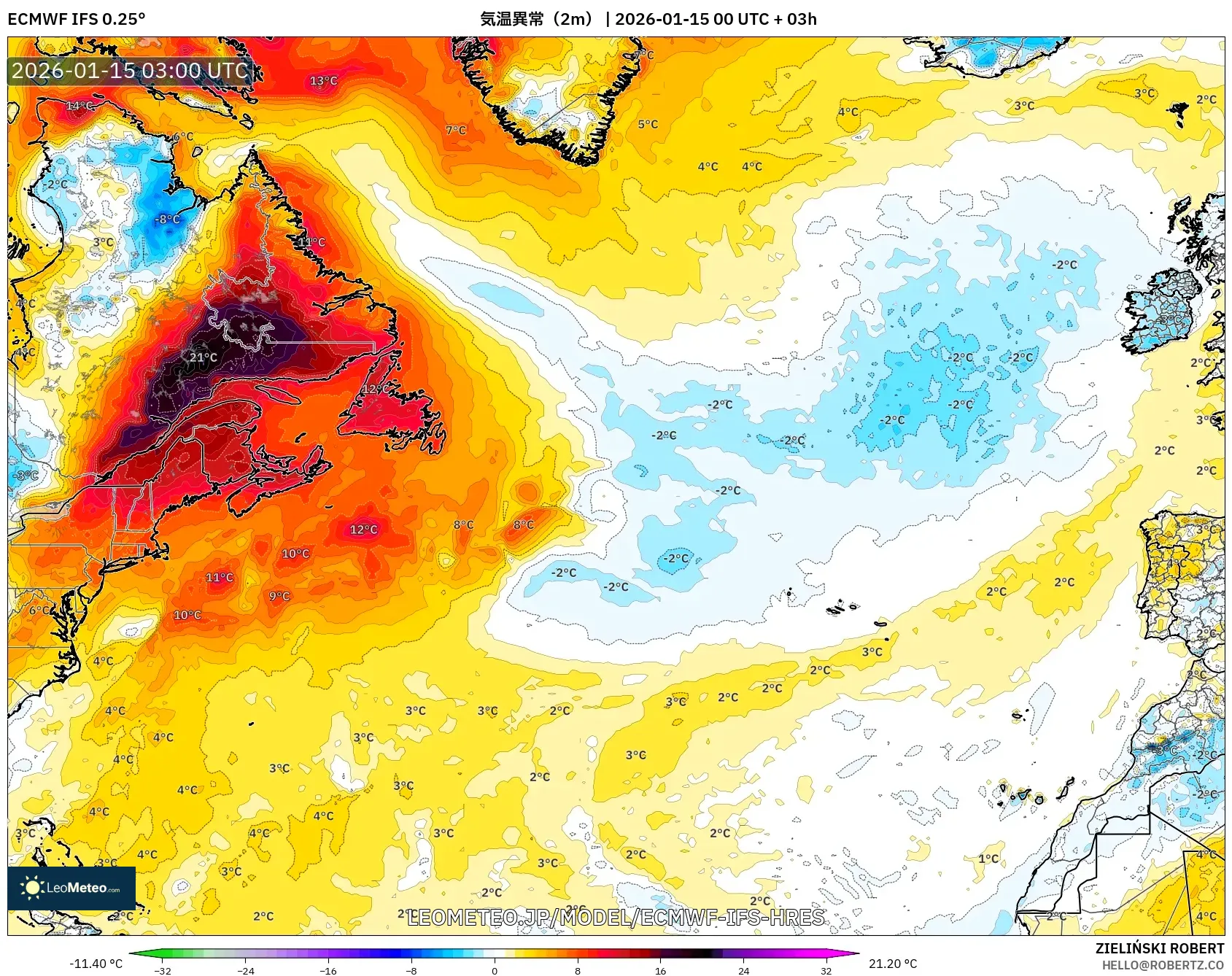 ECMWF IFS 0.25° model - 北大西洋, 気温異常（2m）