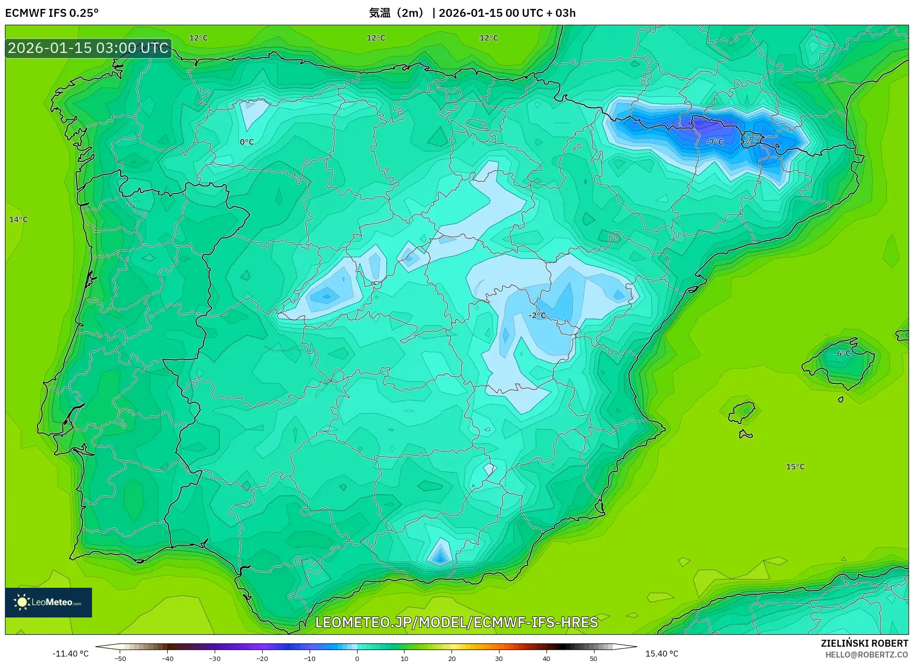 ECMWF IFS 0.25° model - スペイン, 気温（2m）