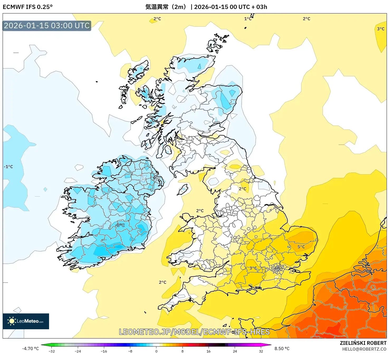 ECMWF IFS 0.25° model - イギリス, 気温異常（2m）