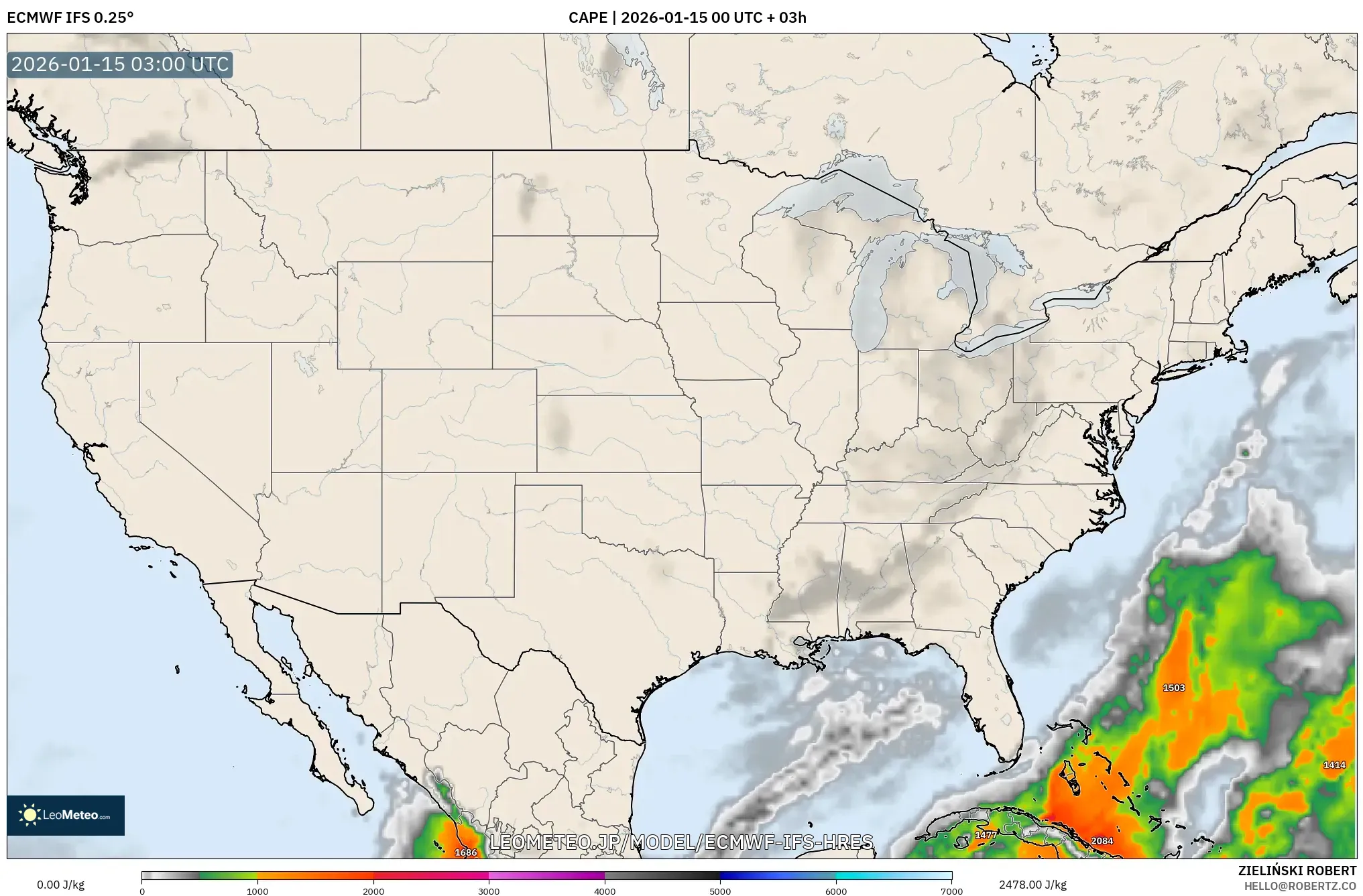 ECMWF IFS 0.25° model - アメリカ合衆国, CAPE
