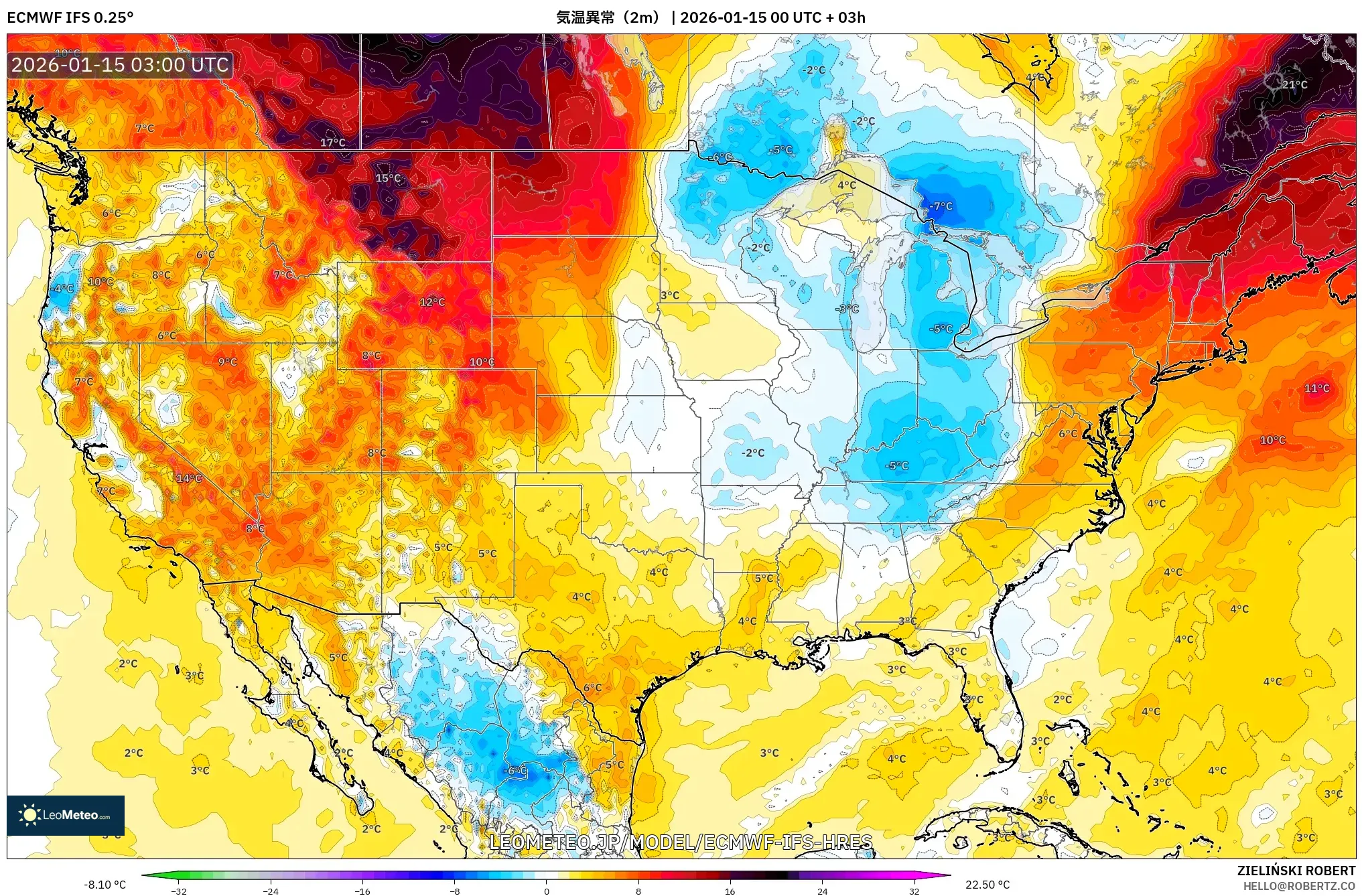 ECMWF IFS 0.25° model - アメリカ合衆国, 気温異常（2m）