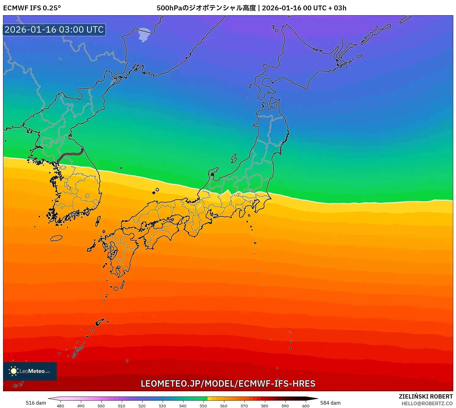 ECMWF IFS 0.25° model - 日本, 500hPaのジオポテンシャル高度