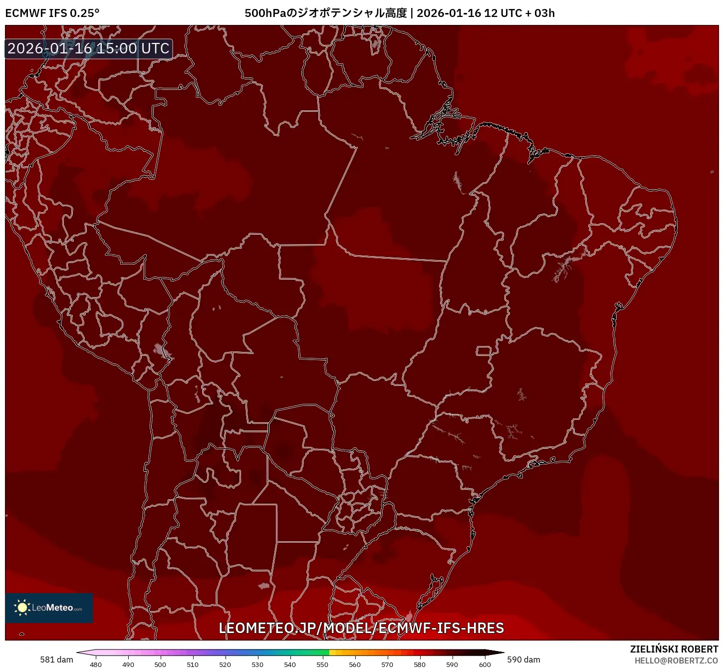 ECMWF IFS 0.25° model - ブラジル, 500hPaのジオポテンシャル高度