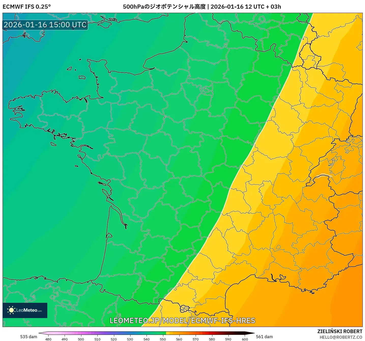 ECMWF IFS 0.25° model - フランス, 500hPaのジオポテンシャル高度