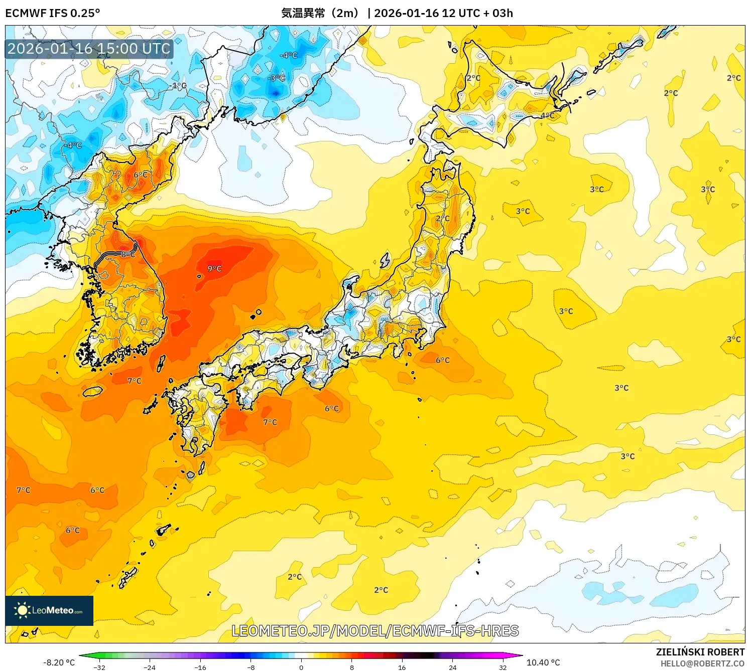 ECMWF IFS 0.25° model - 日本, 気温異常（2m）