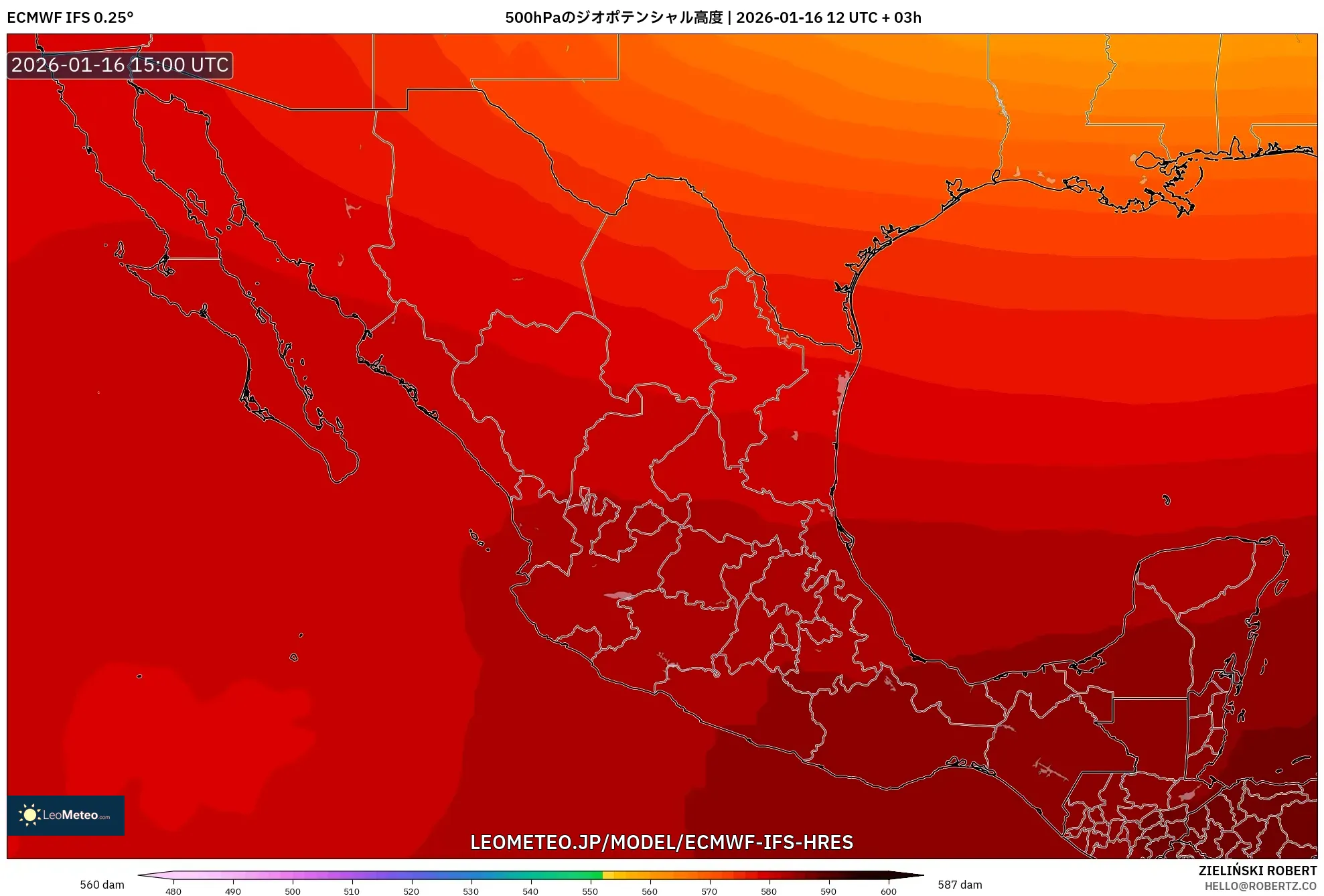 ECMWF IFS 0.25° model - メキシコ, 500hPaのジオポテンシャル高度