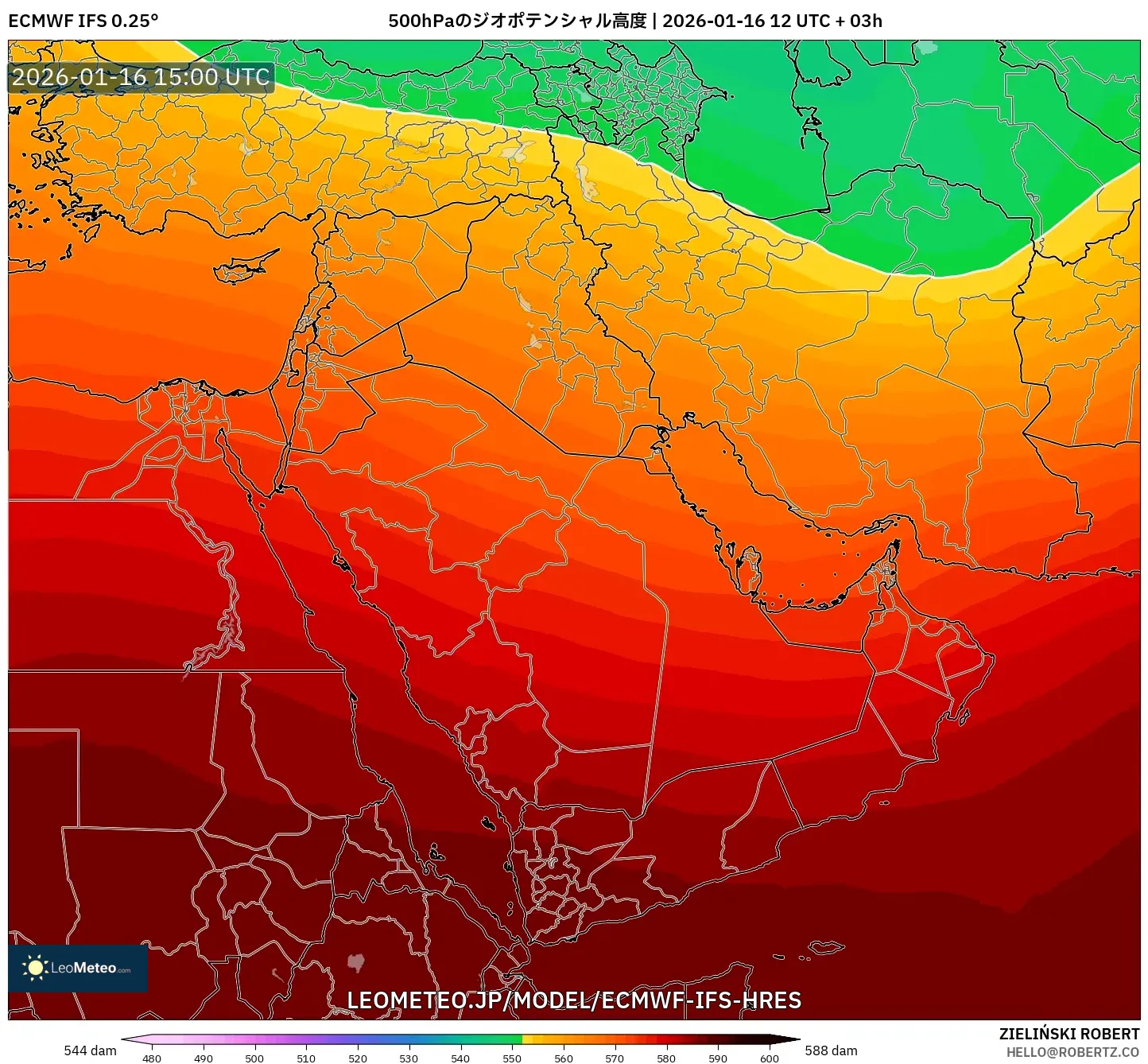 ECMWF IFS 0.25° model - 中東, 500hPaのジオポテンシャル高度