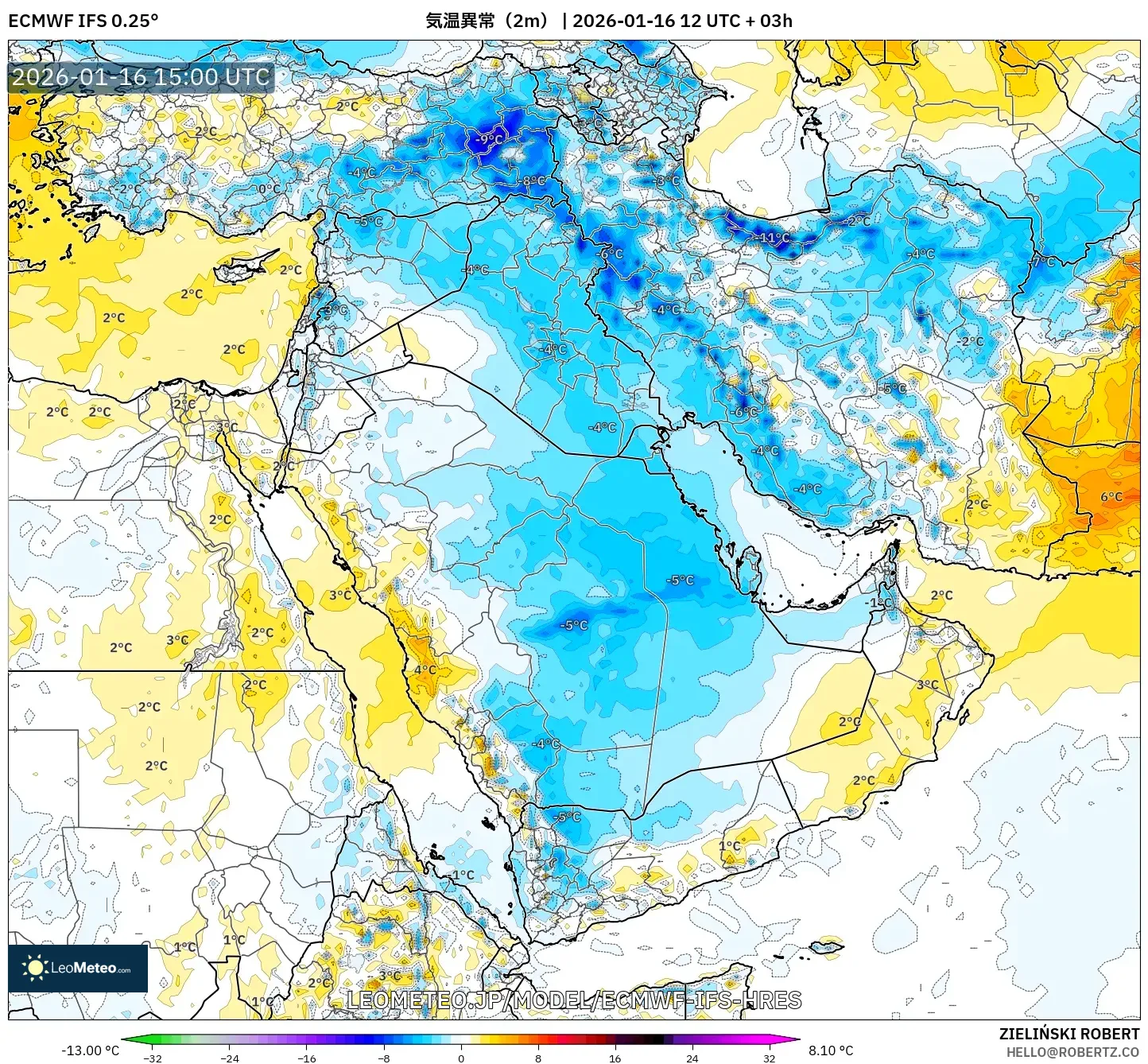 ECMWF IFS 0.25° model - 中東, 気温異常（2m）