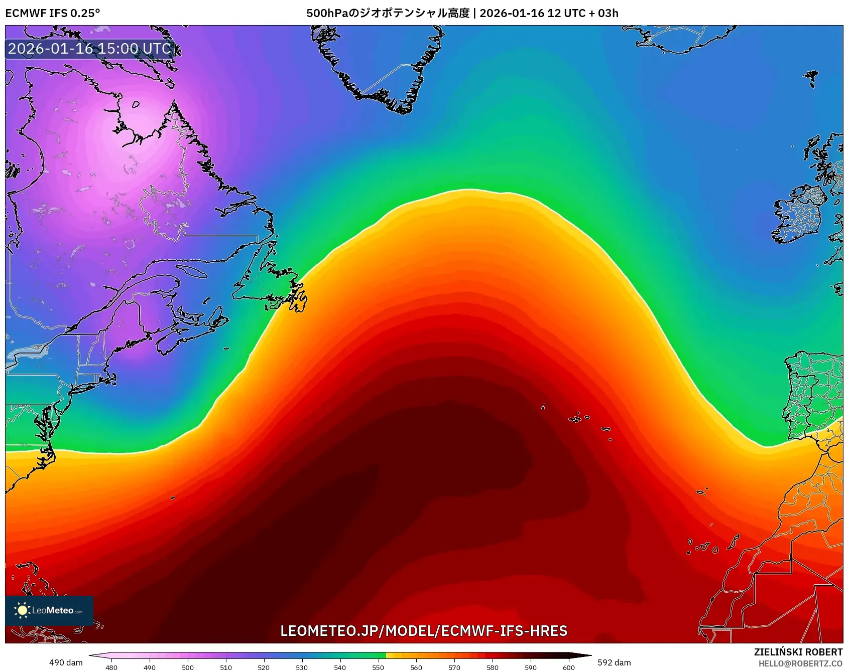 ECMWF IFS 0.25° model - 北大西洋, 500hPaのジオポテンシャル高度