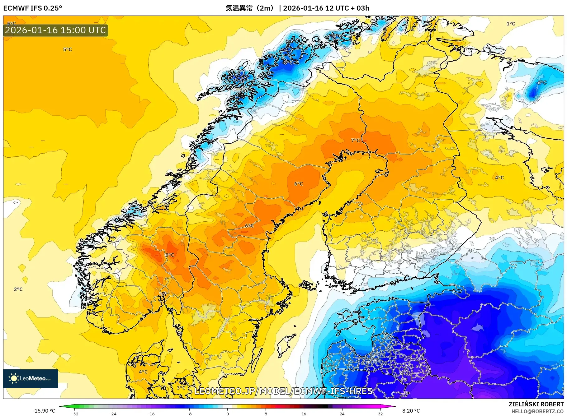 ECMWF IFS 0.25° model - スカンジナビア, 気温異常（2m）