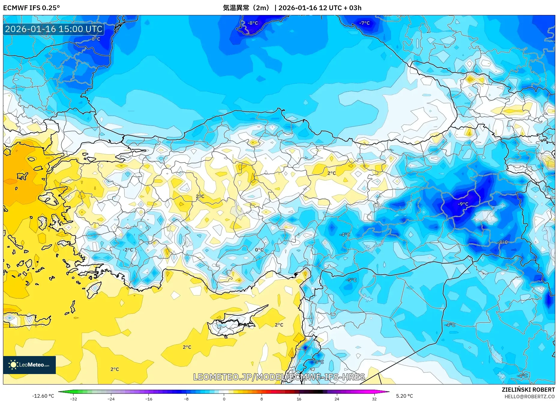 ECMWF IFS 0.25° model - トルコ, 気温異常（2m）