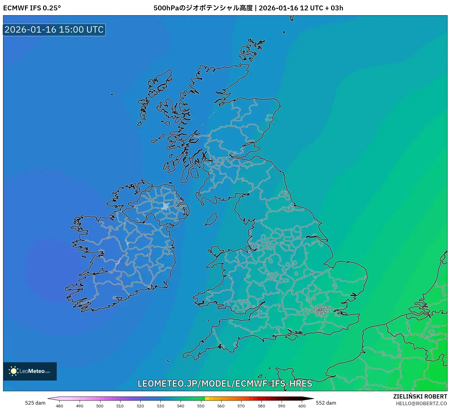 ECMWF IFS 0.25° model - イギリス, 500hPaのジオポテンシャル高度