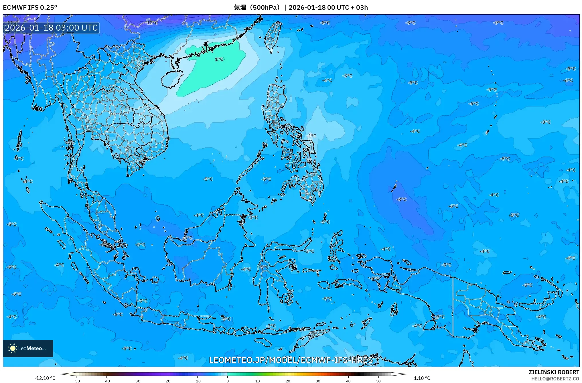 ECMWF IFS 0.25° model - 東南アジア, 気温（500hPa）
