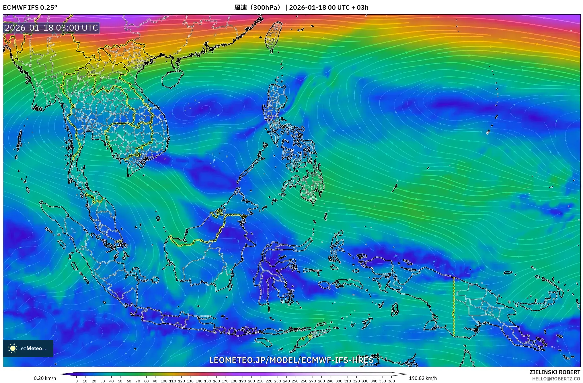 ECMWF IFS 0.25° model - 東南アジア, 風速（300hPa）
