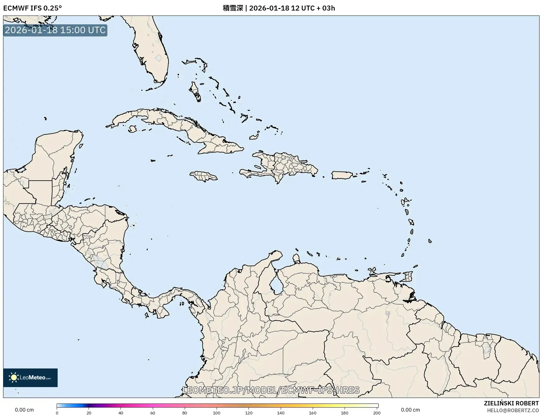 ECMWF IFS 0.25° model - カリブ海, 積雪深