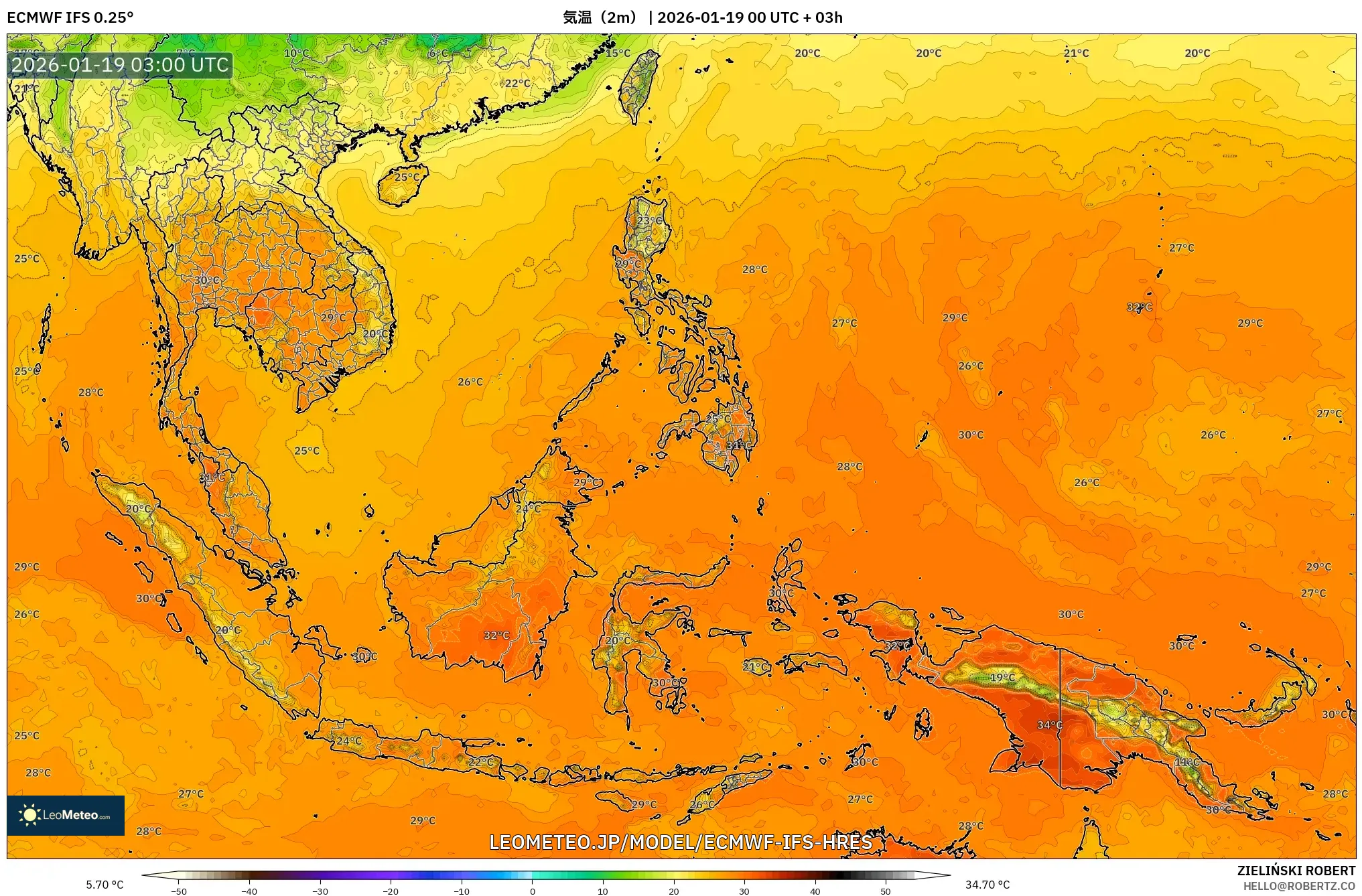 ECMWF IFS 0.25° model - 東南アジア, 気温（2m）