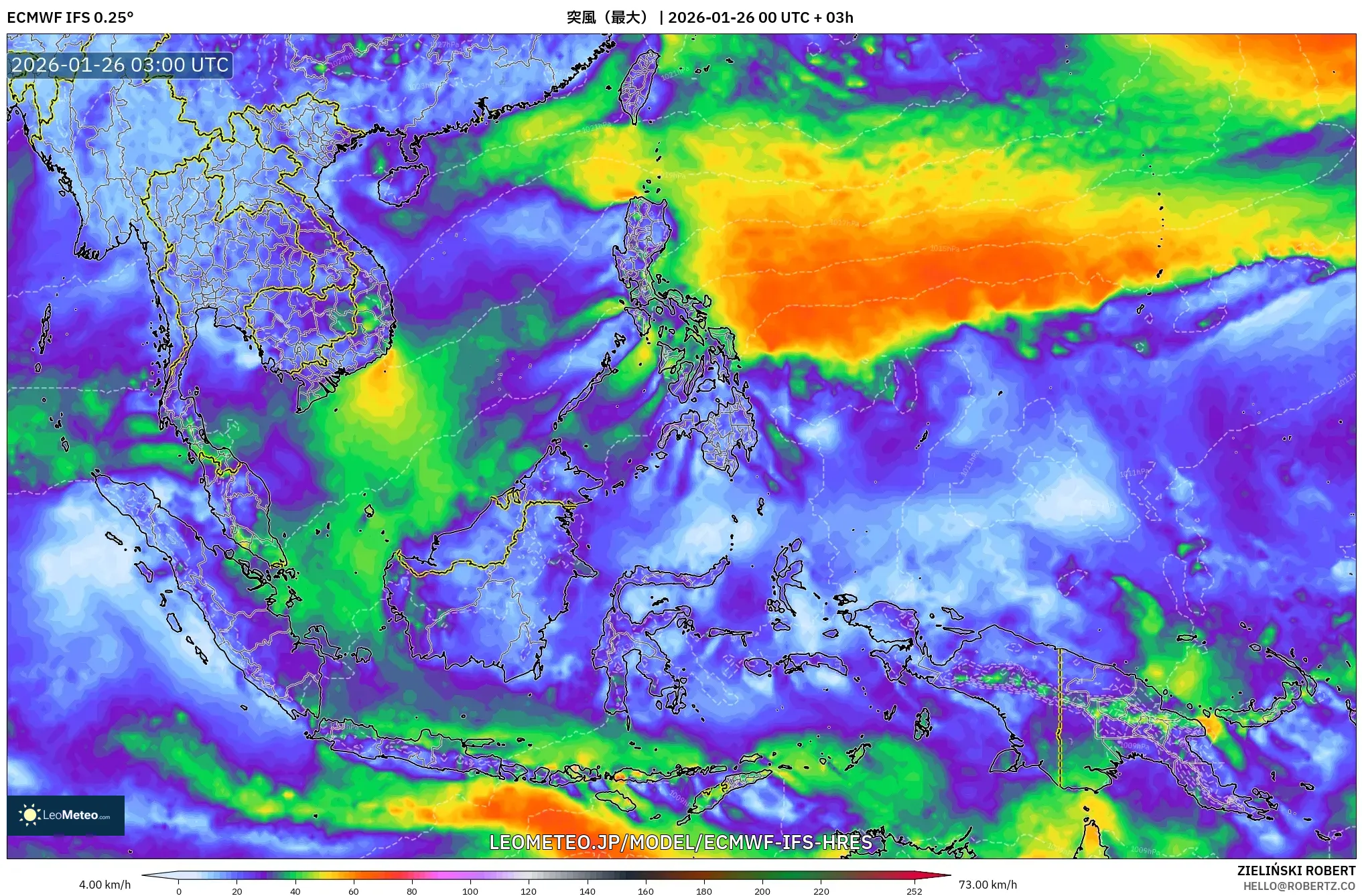 ECMWF IFS 0.25° model - 東南アジア, 突風（最大）