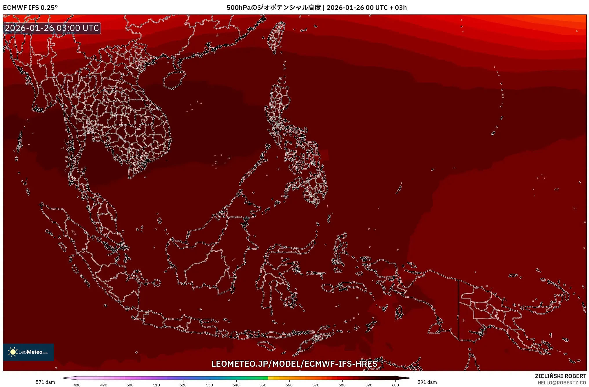 ECMWF IFS 0.25° model - 東南アジア, 500hPaのジオポテンシャル高度