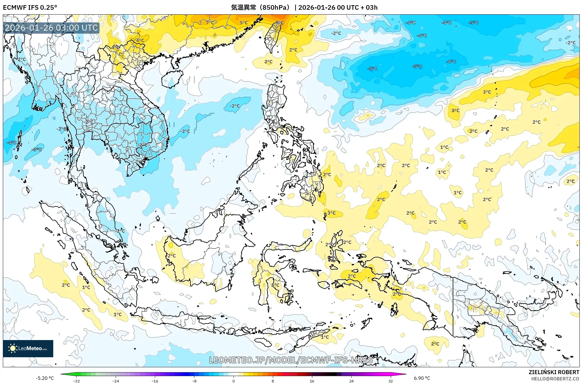 ECMWF IFS 0.25° model - 東南アジア, 気温異常（850hPa）