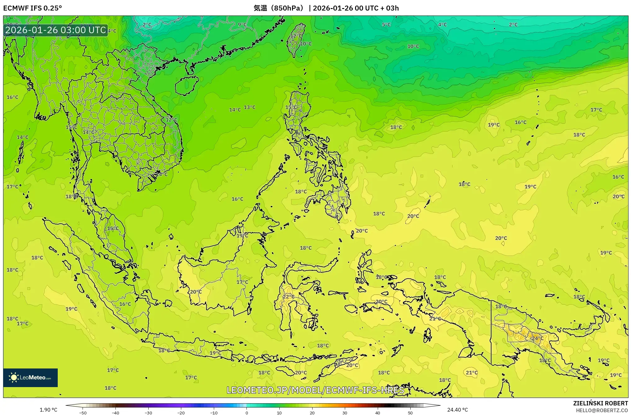ECMWF IFS 0.25° model - 東南アジア, 気温（850hPa）