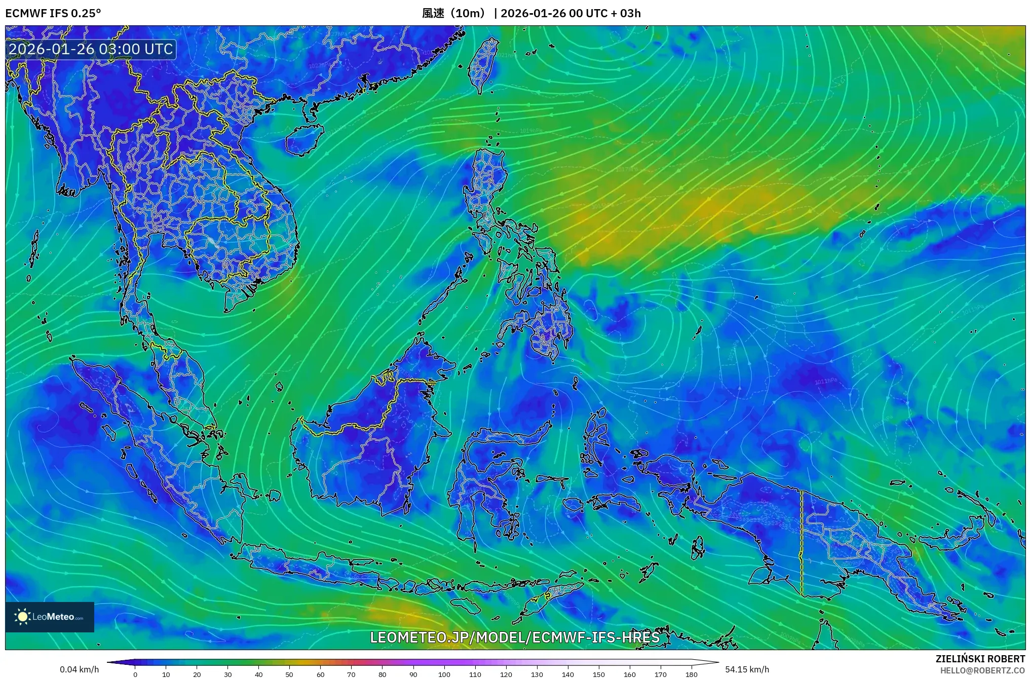 ECMWF IFS 0.25° model - 東南アジア, 風速（10m）