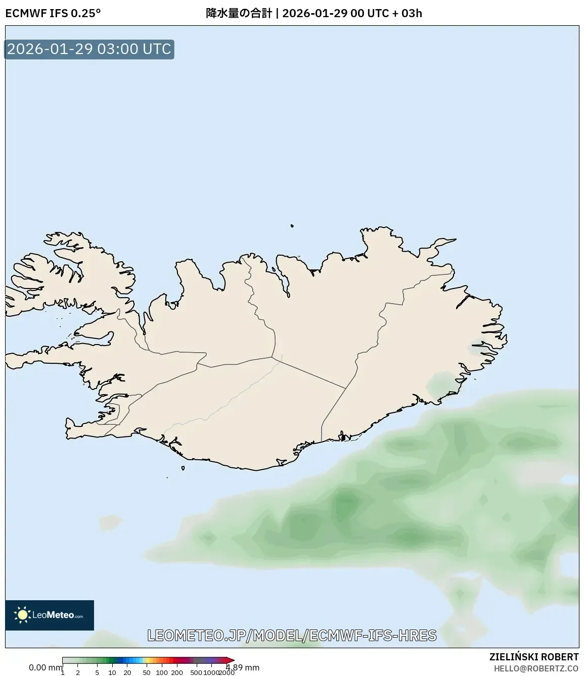 ECMWF IFS 0.25° model - アイスランド, 降水量の合計