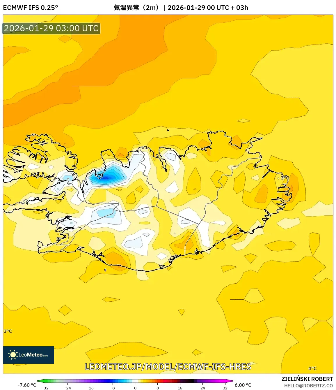 ECMWF IFS 0.25° model - アイスランド, 気温異常（2m）
