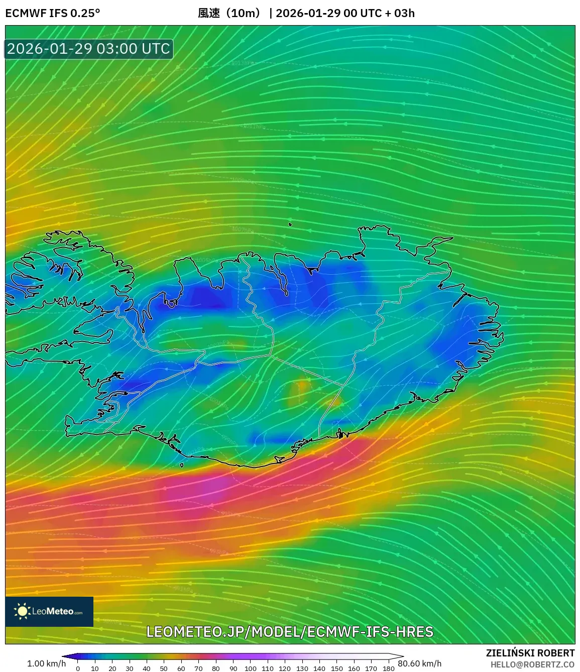 ECMWF IFS 0.25° model - アイスランド, 風速（10m）