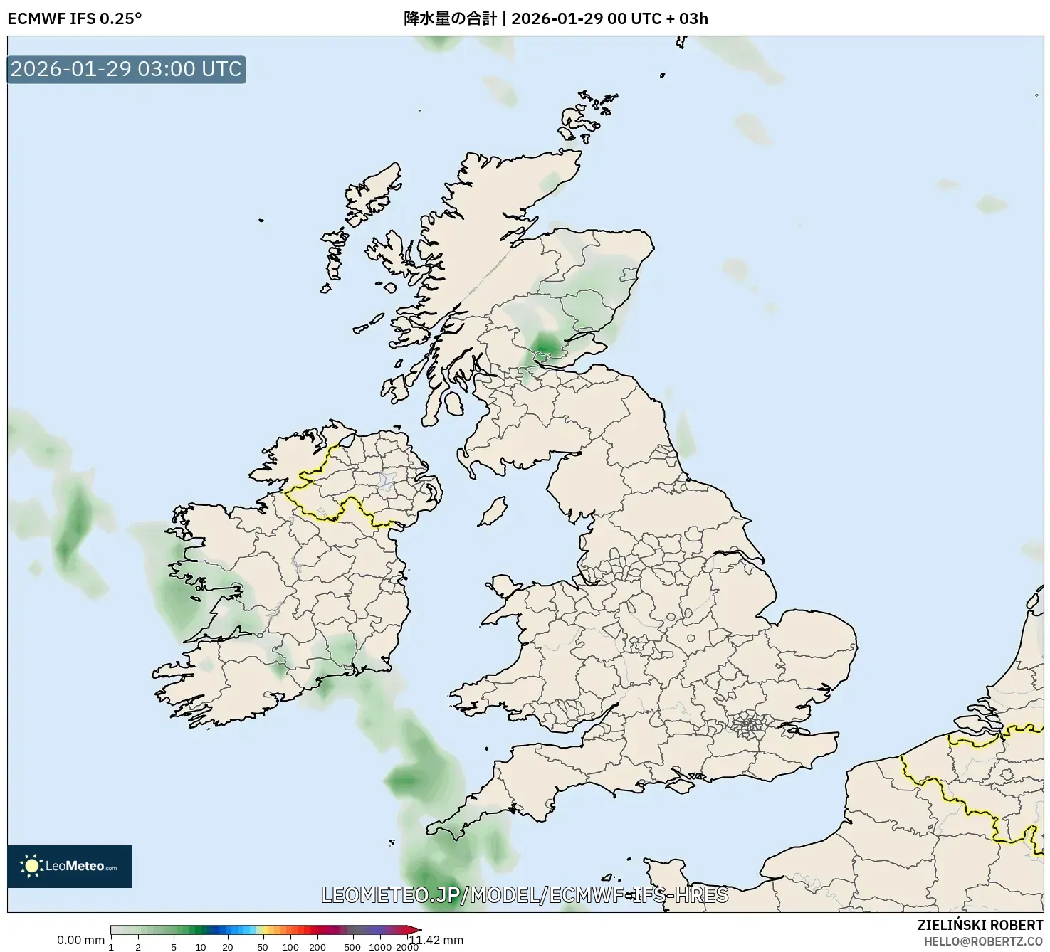 ECMWF IFS 0.25° model - イギリス, 降水量の合計