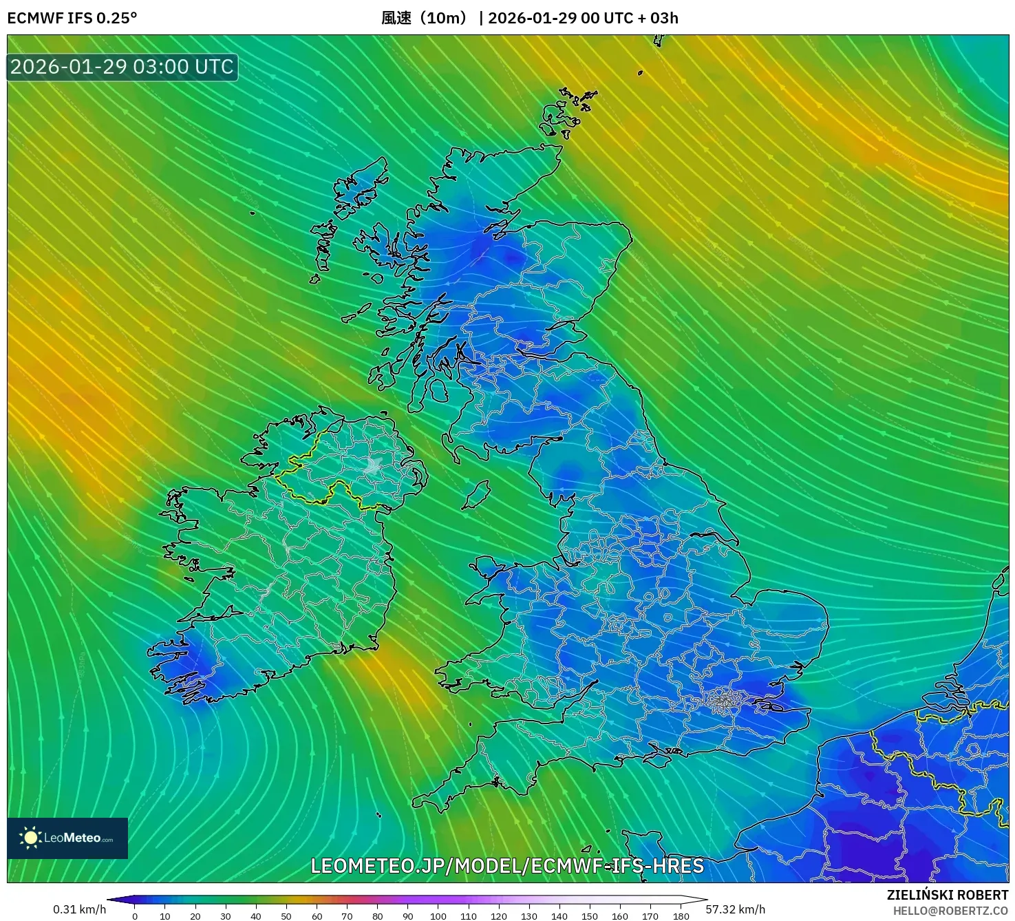 ECMWF IFS 0.25° model - イギリス, 風速（10m）