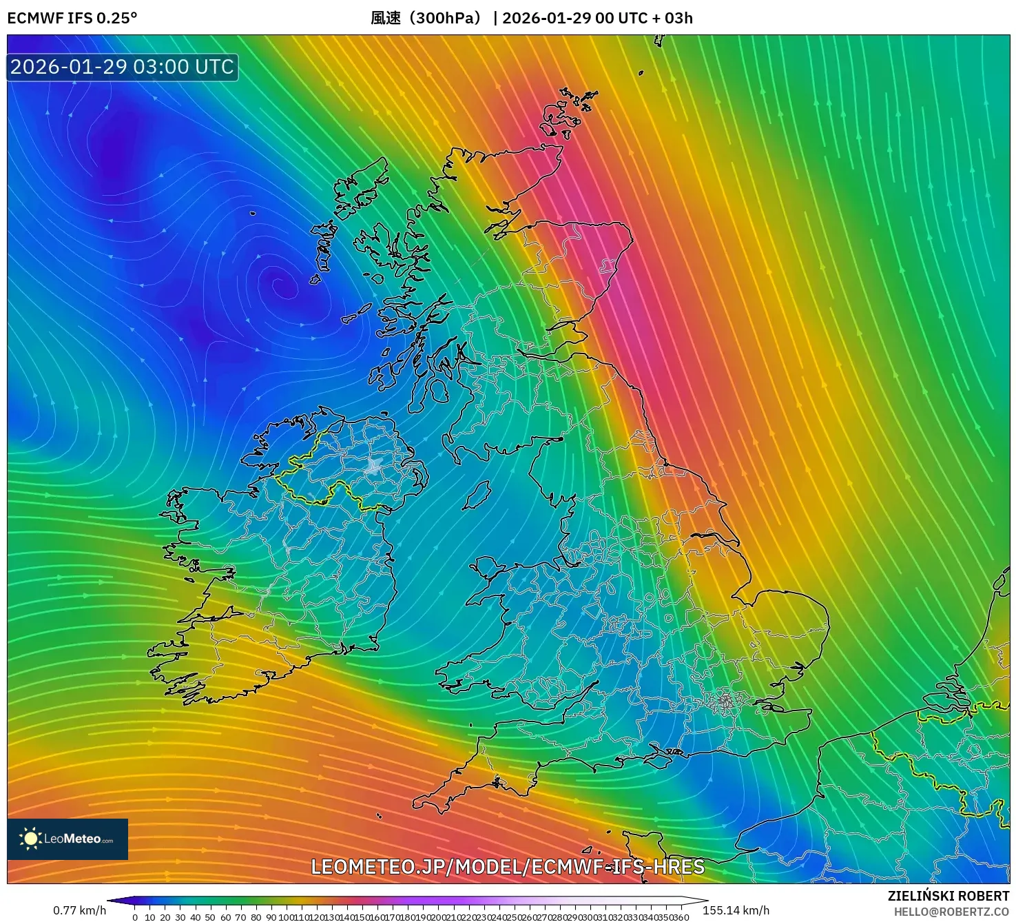 ECMWF IFS 0.25° model - イギリス, 風速（300hPa）