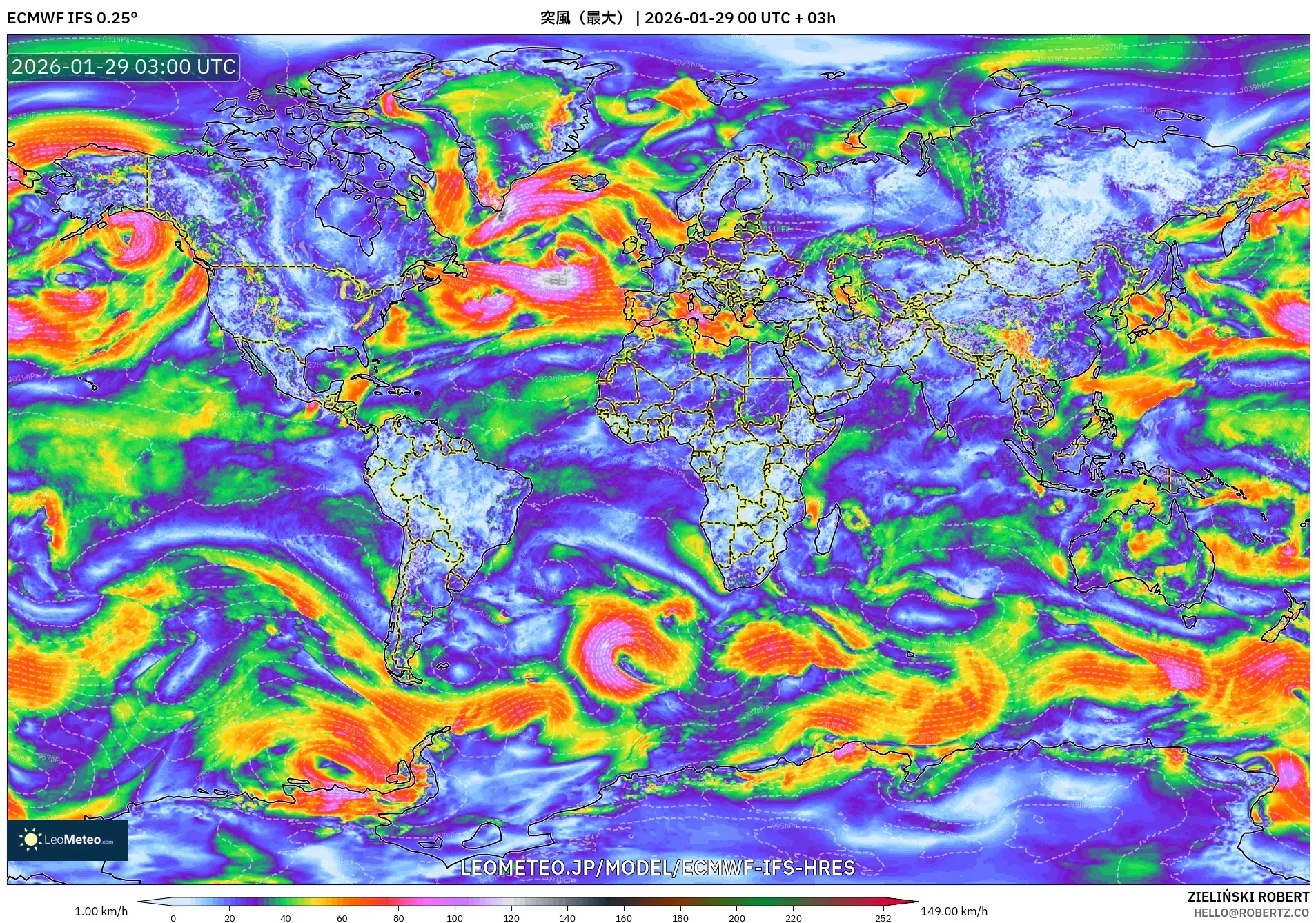 ECMWF IFS 0.25° model - 世界, 突風（最大）