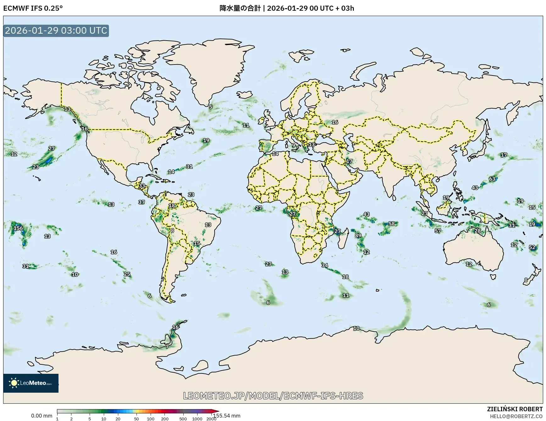 ECMWF IFS 0.25° model - 世界, 降水量の合計